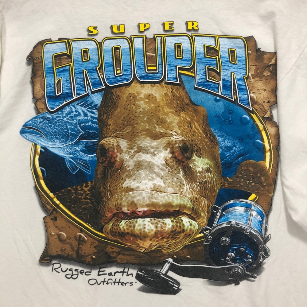 Rugged Earth‎ Outfitters Super Grouper Long Sleeve T Shirt White Fishing Graphic